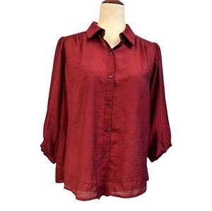 The Korner Red Blouse‎ Button Front Top 3/4 Button Sleeve Burgundy Size Small